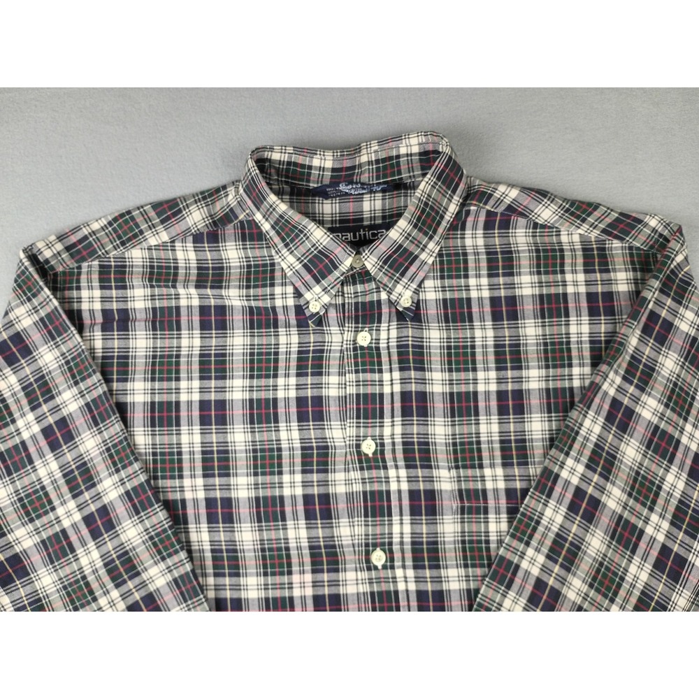 Nautica Mens XL Plaid Button Down Shirt Long Sleeve Cotton Navy Blue Green Red
